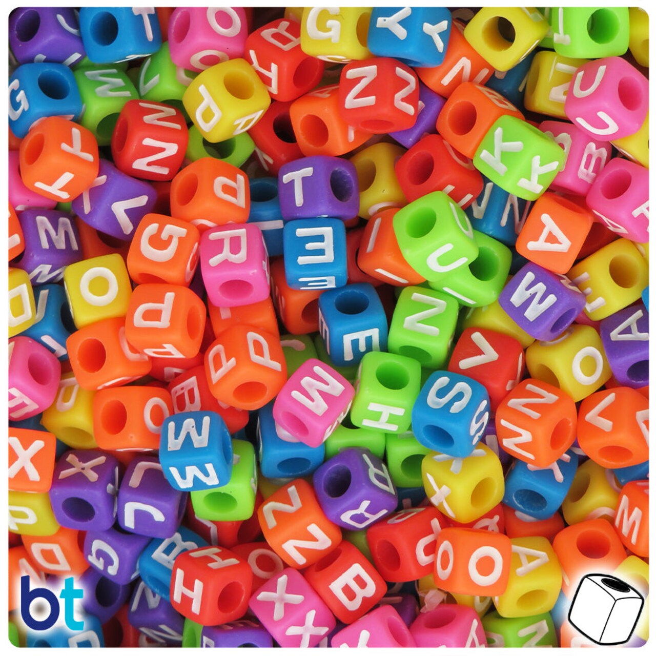 BeadTin Mixed Opaque 7mm Cube Plastic Alpha Beads - White Letter Mix (200pcs)